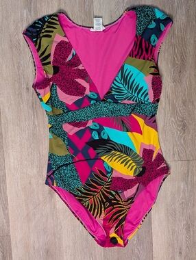 Bleu By Rod Betties Size 10 Jungle Plunge Cap Sleeve One Piece Bathing Suit